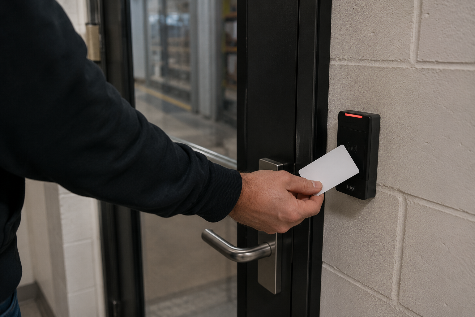 Access control card reader being used at a commercial glass door
