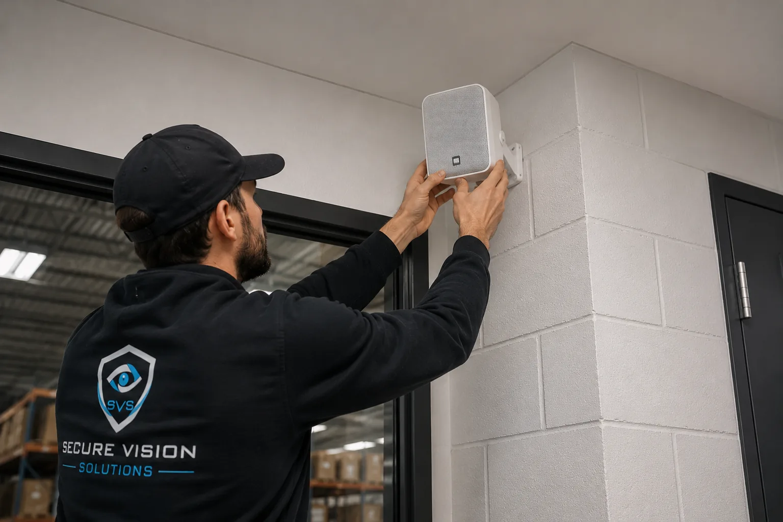 Technician installing a wall mounted commercial speaker
