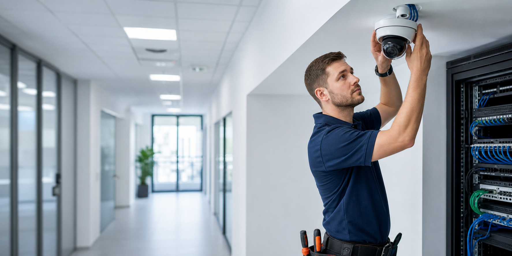 Low voltage technician installing commercial security equipment