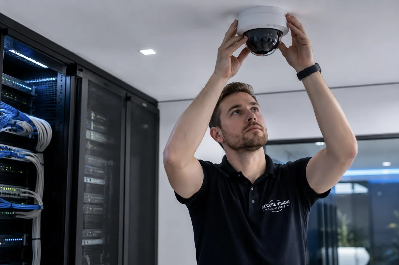 Technician installing a dome security camera near a network rack